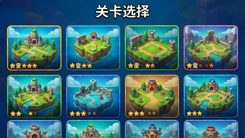 主体为游戏关卡选择界面,布局为网格状排列,展示不同地图缩略图,排版整齐有序,风格为明亮色彩,细节标注关卡难度星级,画质细腻,干净界面,文字“关卡选择”清晰可见