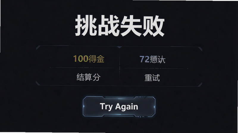 主体为游戏失败后的结算界面,布局居中,展示得分与重试按钮,排版简洁,风格为暗色调,细节显示“Try Again”按钮,画质清晰,干净背景,文字“挑战失败”醒目
