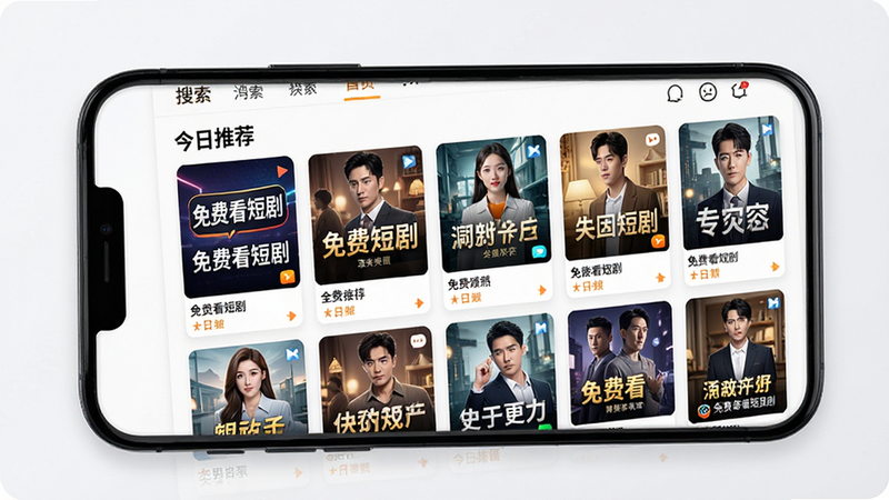 主体为手机屏幕展示免费看短剧刷剧APP首页界面,布局采用卡片式网格排列,展示多部热门短剧封面,顶部有搜索栏和分类导航,排版整洁有序,风格为现代简约UI设计,细节处显示清晰的高清图标和文字,画质4K,干净无多余元素,文字内容包含