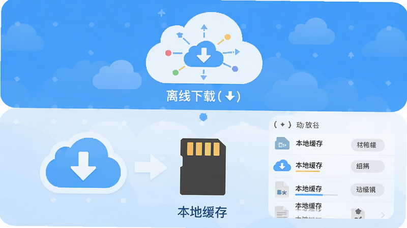 主体为云朵下载图标指向手机存储卡,布局上下结构,上方为云端资源,下方为本地存储,排版清晰,风格扁平化设计,细节显示下载进度和文件列表,画质细腻,干净,文字内容包含