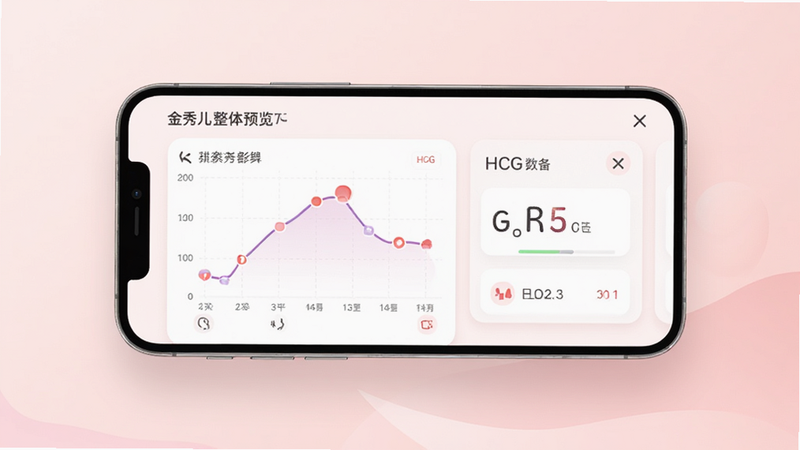 金秀儿APP界面整体预览,主体为手机屏幕居中显示,背景为淡粉色渐变,屏幕内展示排卵曲线图与HCG数值面板,布局简洁现代,排版清晰,风格温馨女性化,细节处有柔和阴影,画质高清,干净,无多余元素