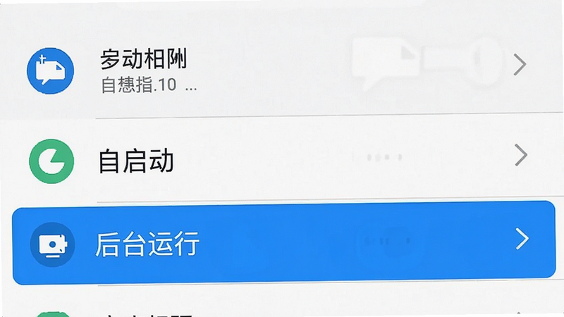 模拟手机设置界面的截图风格图像,主体为应用权限设置页面,布局为列表形式,风格为扁平化UI,细节高亮显示“自启动”和“后台运行”选项,画质清晰,干净,无多余元素