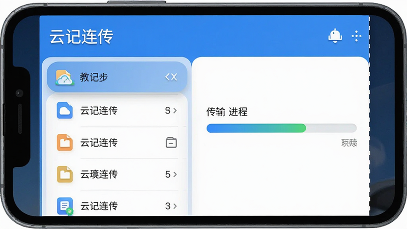一张展示云记连传安卓应用界面的高清预览图,主体为手机屏幕,布局简洁,左侧显示文件列表,右侧显示传输进度条,排版清晰,风格为现代扁平化UI,细节包含图标阴影和圆角设计,画质清晰,干净,无多余元素,文字'云记连传'位于顶部