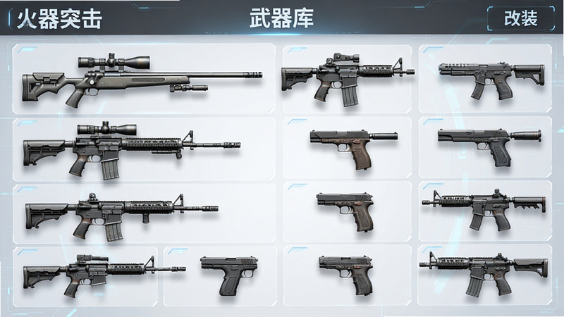 展示《火线突击之全民反恐》武器库界面,主体为多把高精度渲染的枪械悬浮展示,布局为网格化排列,包含狙击枪、步枪、手枪等,排版整齐有序,风格为科技感UI界面,细节展示枪械金属质感与配件插槽,画质超清,干净背景,文字“武器库”、“改装”清晰可见,无多余装饰,无杂乱元素