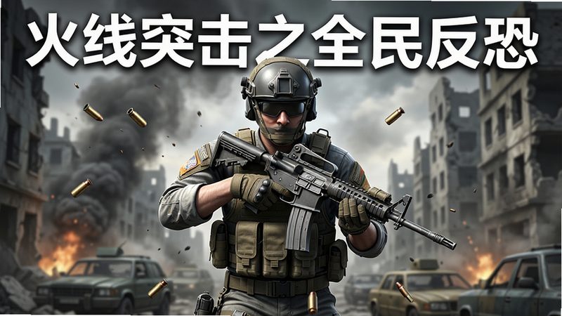 主体为《火线突击之全民反恐》游戏主视觉图,布局采用中心对称构图,一名身穿战术装备的特工手持突击步枪处于画面中央,背景是硝烟弥漫的城市废墟战场,排版简洁大气,风格为写实3D渲染,细节丰富如弹壳飞溅与烟雾缭绕,画质高清4K,干净无多余元素,文字“火线突击之全民反恐”以醒目白色字体悬浮于顶部,无水印,无杂乱背景