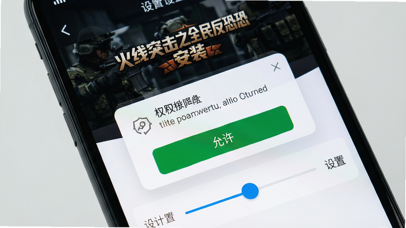 手机屏幕特写,显示《火线突击之全民反恐》安装界面与设置选项,布局清晰,主体为手机界面截图,排版简洁,风格为UI设计展示,细节包含权限请求弹窗与设置滑块,画质清晰,干净背景,文字“允许”、“设置”清晰可见,无多余图标,无杂乱元素