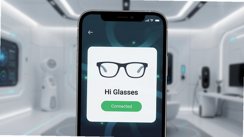 一张展示Hi Glasses智能眼镜应用界面的高清概念图,主体为手机屏幕显示着连接成功界面,背景为简约现代的科技风格,布局清晰,排版整洁,风格为扁平化设计,细节处带有微光效,画质清晰干净,无多余元素,文字标注