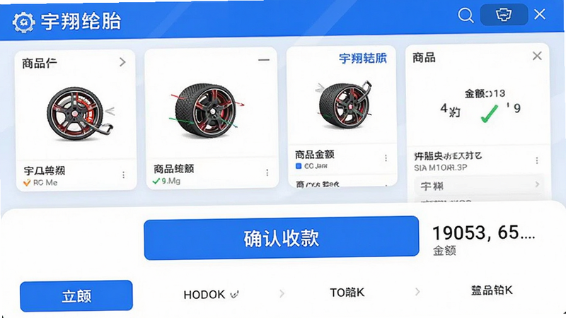 主体为宇翔轮胎APP的收银结账界面,布局为底部操作区与中部商品区,风格为高效实用风,细节显示“确认收款”大按钮及金额数字,画质锐利,干净,无多余元素