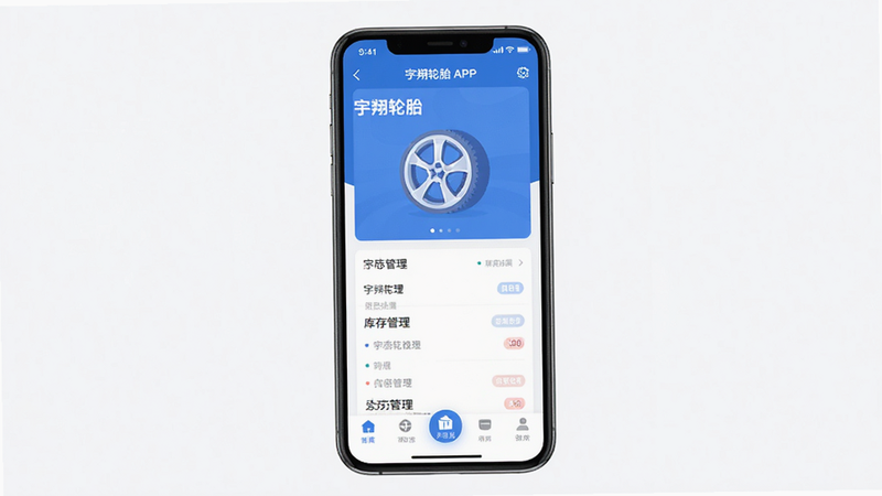 主体为宇翔轮胎APP的手机界面展示,布局采用居中构图,排版简洁清晰,风格为现代商务扁平化,细节包含底部导航栏和高亮的“库存管理”图标,画质高清,干净,无多余元素