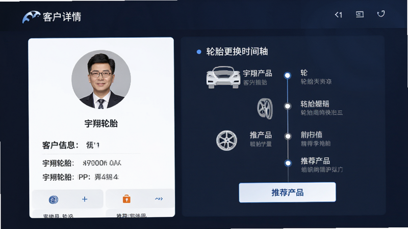 主体为宇翔轮胎APP的客户详情页面,布局为左右分栏,左侧为头像与基本信息,右侧为轮胎更换时间轴,风格为专业商务风,细节包含“推荐产品”按钮,画质细腻,干净,无多余元素