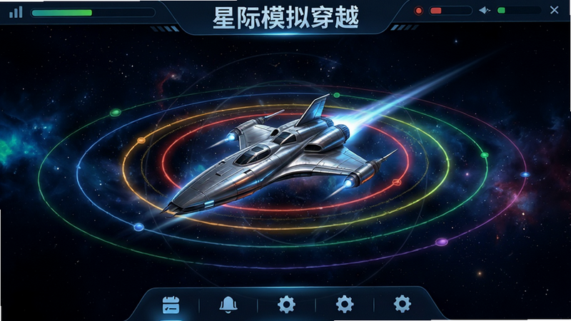 主体为《星际模拟穿越》游戏主界面,布局采用中心辐射式设计,中央显示一艘正在加速的流线型星际飞船,周围环绕着不同颜色的星系轨道。排版清晰,顶部有简洁的状态栏,底部是功能导航栏。风格为现代科幻写实风,细节丰富,飞船表面有金属质感反射,背景是深邃的星空,点缀着星云粒子。画质高清,色彩对比强烈,干净无多余元素,文字包含“星际模拟穿越”标题。