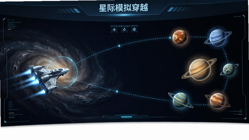 主体是《星际模拟穿越》中的星系探索地图,布局为全景式展开,左侧显示飞船当前位置,右侧展示多个发光的星球图标,中间由虚线连接表示航线。风格为科技感UI设计,细节包括星球表面的纹理和光晕效果。排版简洁明了,无杂乱元素,画质清晰,文字标注“探索模式”。