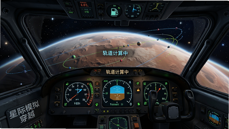 主体是《星际模拟穿越》的飞行模拟界面,布局以第一人称驾驶舱视角为主,前方是巨大的行星表面,仪表盘显示速度、燃油和轨道参数。风格为写实科幻,细节丰富,仪表盘数字发光,背景有星空闪烁。排版紧凑专业,画质高保真,无多余装饰,文字显示“轨道计算中”。