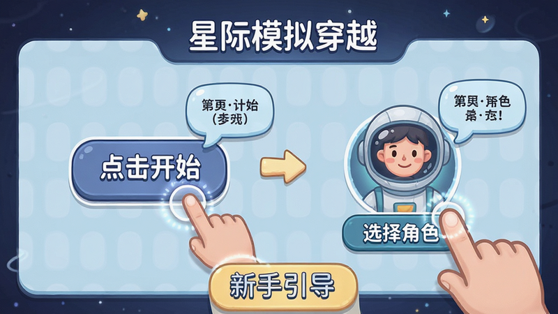 主体是《星际模拟穿越》的新手教程界面,布局为分步指引,显示第一步“点击开始”和第二步“选择角色”。风格为友好亲切,细节包括手指点击动画和提示气泡。排版简单直观,画质清晰,无多余元素,文字标注“新手引导”。