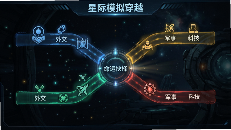 主体是《星际模拟穿越》的剧情选择界面,布局为分叉路径图,中央是一个关键事件节点,向左右延伸出三条不同颜色的路径,分别代表“外交”、“军事”和“科技”。风格为悬疑科幻,细节包括路径上的图标和背景的微光。排版清晰,画质细腻,无多余元素,文字标注“命运抉择”。