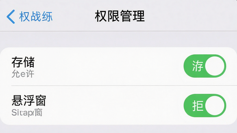 手机设置界面截图风格,显示“权限管理”页面,高亮显示“存储”和“悬浮窗”权限开关为开启状态。背景为浅灰色,文字清晰,风格为扁平化UI设计,细节准确,画质高清,文字包含“允许”和“拒绝”按钮,干净无多余水印