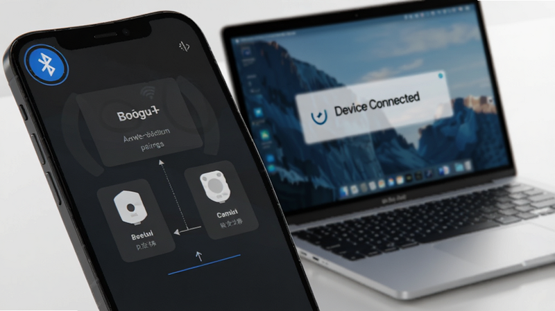 Boogu-Image: A close-up view of a smartphone screen displaying a pairing interface with a laptop. The laptop screen shows a notification saying 'Device Connected'. The visual style is sleek and modern, focusing on the seamless connection process. Highlight the Bluetooth icon in the corner. Clean layout, realistic lighting, 4k quality, no watermarks.