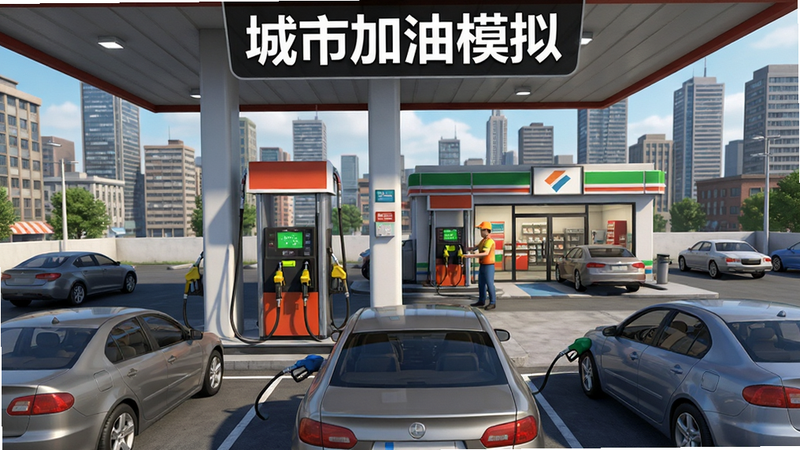 主体为《城市加油模拟》游戏全景截图,布局呈现繁忙的城市加油站视角,前景是几辆正在加油的汽车,中景是加油机与便利店,背景是城市高楼,排版居中,风格写实3D渲染,细节丰富,包括油枪、显示屏、员工动作,画质高清,干净无多余元素,文字标签'城市加油模拟'位于顶部