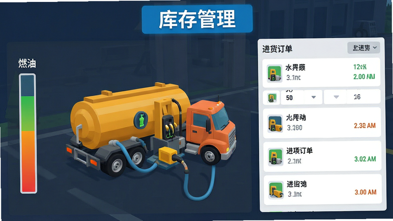 主体是游戏内的库存管理界面,布局清晰,左侧显示燃油液位,右侧显示进货订单列表,排版整洁,风格扁平化UI设计,细节突出油罐车卸油动画,画质清晰,文字'库存管理'高亮显示,干净背景
