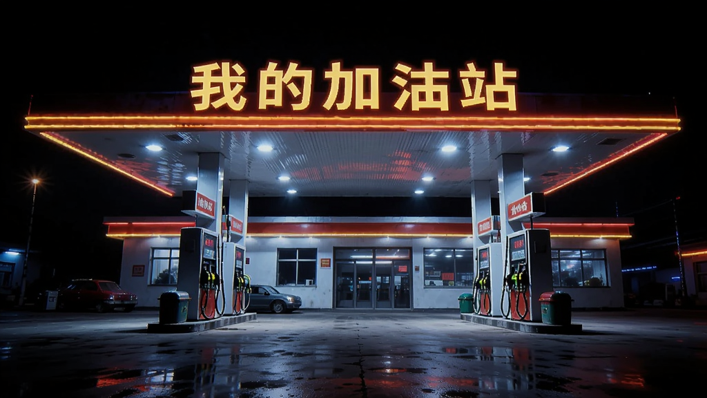 主体是夜晚霓虹灯闪烁的加油站外观,布局对称,招牌巨大醒目,风格赛博朋克与写实结合,细节展示灯光反射在地面的效果,画质高对比度,文字'我的加油站'发光显示,干净无遮挡
