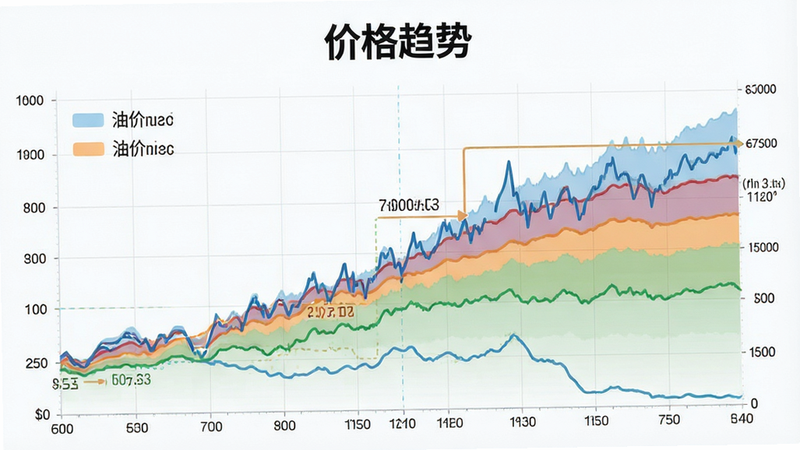 主体是游戏内的市场趋势图表,布局为折线图展示油价波动,背景为淡色网格,排版专业,风格数据分析可视化,细节显示不同颜色代表不同油价区间,画质锐利,文字'价格趋势'清晰,无杂乱装饰