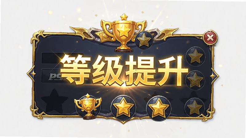 主体是游戏内的升级奖励弹窗,布局居中,显示等级提升动画,风格华丽金色特效,细节展示奖杯与星星图标,画质璀璨,文字'等级提升'发光,干净背景