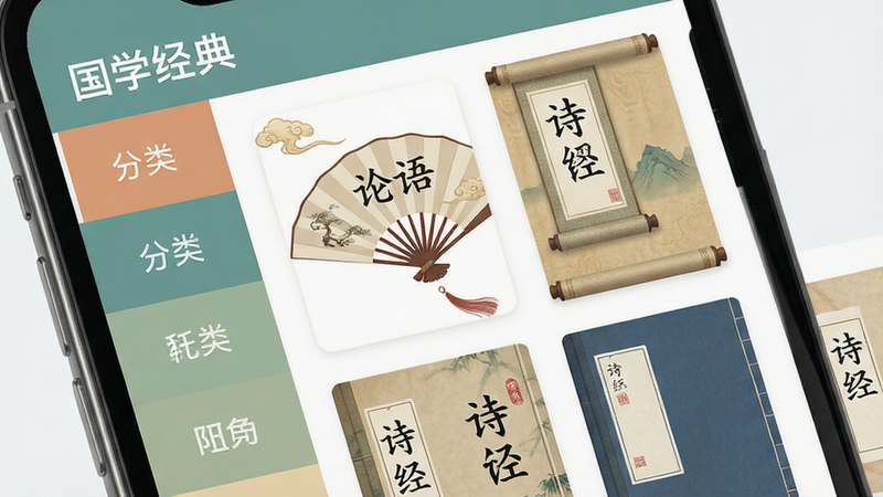 �ֻ�APP������д��չʾ����ѧ���䡱���鼮�б�ҳ�����Ϊ�����ǩ�����Ҳ�Ϊ�鼮�������񣬷�����ƾ����й�����ɫ�������桢����Ԫ�أ����������ɼ����������ʫ������������UI����ƽ����ɫ����ͣ�������Ⱦ���ɾ�����