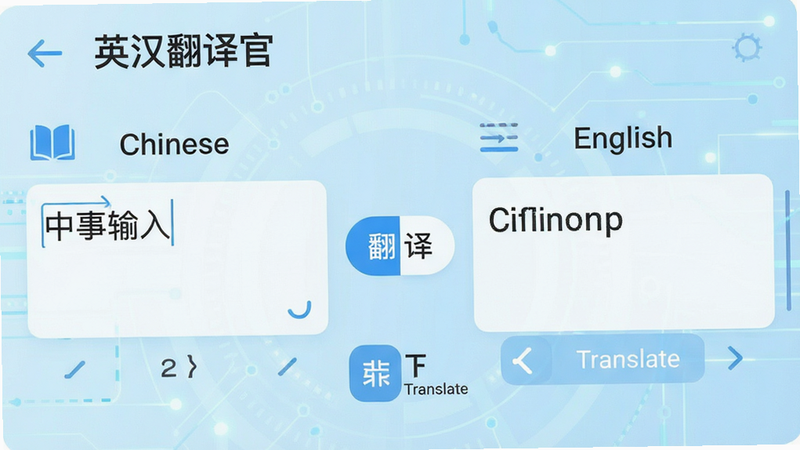 主体为英汉翻译官APP界面截图,布局简洁清晰,左侧显示中文输入框,右侧显示英文输出框,中间有切换按钮,背景为浅蓝色科技风,细节包含字体清晰、图标扁平化,风格现代简约,细节丰富,画质高清,干净无多余元素,文字内容包含