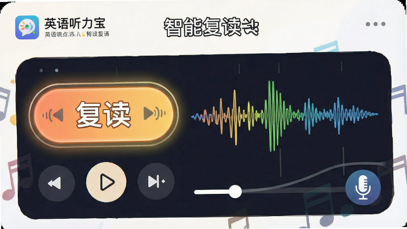 主体为“英语听力宝”应用中的复读功能演示界面,突出显示“复读”按钮高亮状态,旁边有波形图动态展示音频播放进度,布局聚焦于控制区,排版紧凑,风格活泼,细节处包含麦克风图标暗示跟读功能,画质清晰,干净无干扰,文字“智能复读”醒目