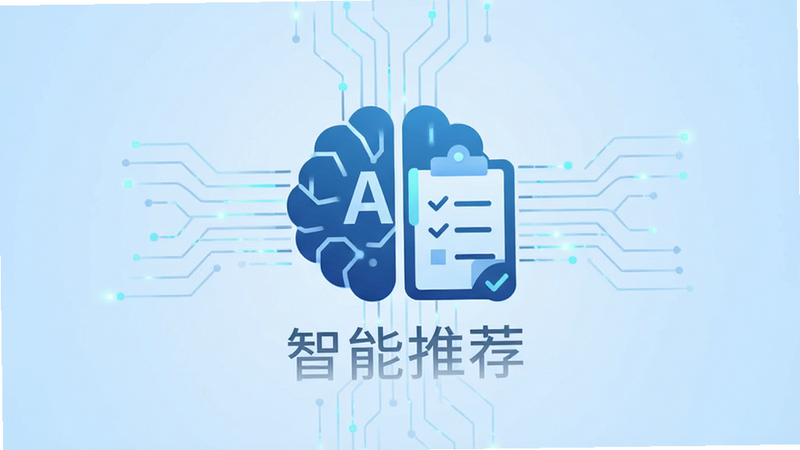一张科技感与商务风结合的图片,主体是一个抽象的AI大脑图标与购物清单相结合,背景为淡蓝色渐变,布局居中,排版现代,风格简约科技,细节处有数据流线条装饰,画质清晰,干净,无多余元素,文字需显示为“智能推荐”