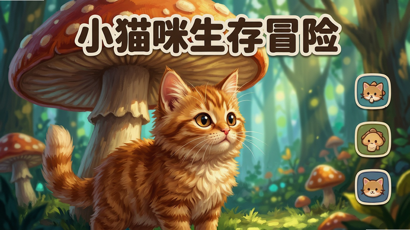 һ�Ÿ�����廭��������һֻë���׵���ɫСè�䣬����վ��һ�þ޴��Ģ��ɡ�£�������������Զ���������ǳ������ɫ�ʵ�ɭ�֣�����͸����Ҷ���°߲���Ӱ��������è��λ�ڻ�������ƫ���Ҳ����пռ�չʾ��ϷUIͼ�ꡣ�Ű��࣬���Ϊ��ϵ����ϵ��Ϳ��ϸ�ڷḻ��ë���ʸб��棬����4k���ɾ��޶���Ԫ�أ����֡�Сè������ð�ա���Բ�����������ڶ���