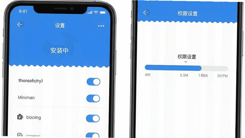 主体为手机设置界面与游戏安装进度条,布局上下结构,排版整洁,风格为扁平化UI,细节显示权限开关与存储图标,画质清晰,干净,无多余元素,画面中文字标注