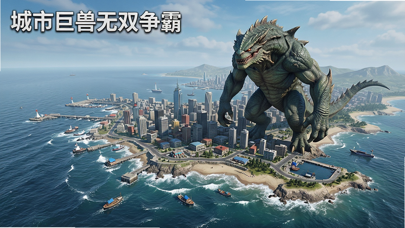 游戏地图视角,展示一座沿海城市的全貌,巨兽站在海边,布局广角,排版开阔,风格写实渲染,细节展示海浪和海岸线,画质精美,干净,无多余元素,文字“城市巨兽无双争霸”在左上角