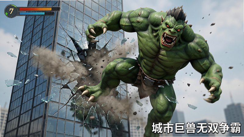 游戏内截图,展示一只绿色巨兽踩碎一座玻璃摩天大楼的瞬间,布局充满动感,排版紧凑,风格高保真,细节展现玻璃碎片和尘埃飞扬,画质清晰,干净,无多余元素,文字“城市巨兽无双争霸”作为水印在右下角