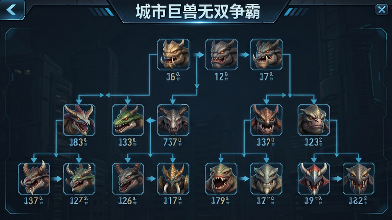 游戏界面截图,展示巨兽进化树状图,包含多种不同形态的巨兽头像,布局清晰分层,排版整齐,风格科幻UI,细节展示进化箭头和属性数值,画质高清,干净,无多余元素,文字“城市巨兽无双争霸”在标题栏