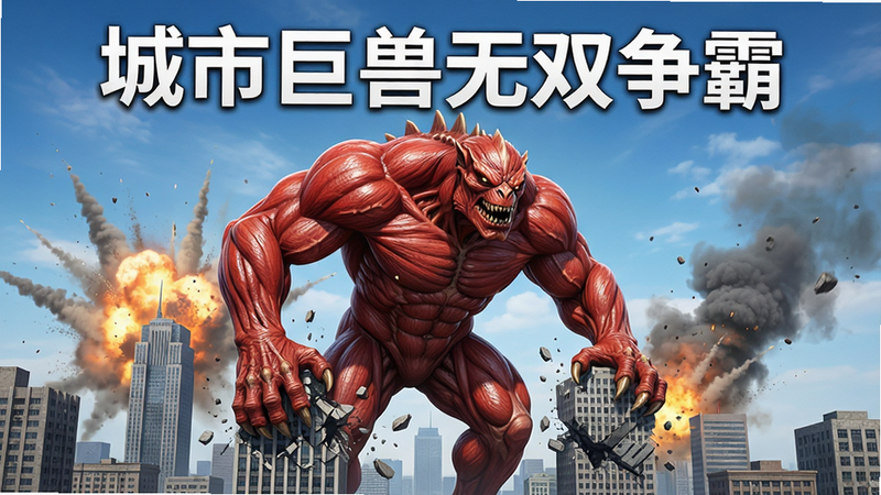 一张高清游戏宣传海报,主体是巨大的红色怪兽正在城市中心踩踏高楼,背景是蓝天和爆炸烟雾,布局居中,排版整洁,风格写实且充满张力,细节丰富展示怪兽肌肉纹理和建筑碎片,画质超清,干净,无多余元素,文字“城市巨兽无双争霸”加粗显示在顶部