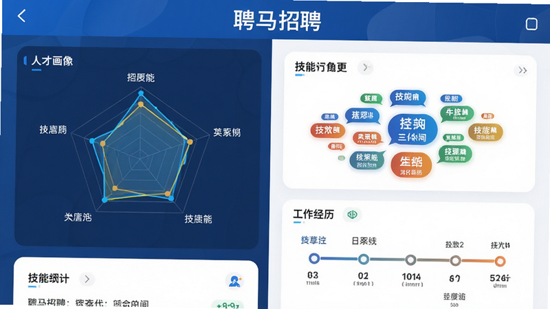主体为“聘马招聘”APP中的人才画像详情页,布局包含雷达图、技能标签云及工作经历时间轴,排版层次分明,风格为专业商务蓝,细节包含数据高亮和图标化展示,画质精细,干净,无多余元素,文字“聘马招聘”位于页面顶部