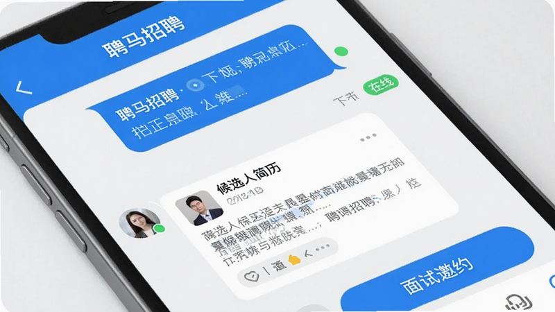 主体为“聘马招聘”应用内的即时通讯聊天界面,布局显示对话气泡、候选人简历卡片及面试邀约按钮,排版紧凑有序,风格为科技感蓝色调,细节包含消息已读标识和在线状态,画质清晰,干净,无多余元素,文字“聘马招聘”在应用名称处显示