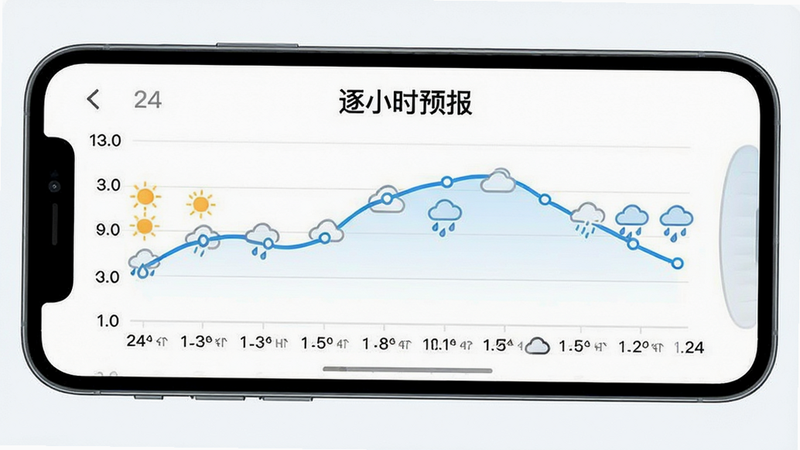 主体为手机界面,展示24小时温度曲线图,蓝色线条表示气温变化,布局横向滚动,排版整洁,风格清新,细节包含每小时刻度与图标(太阳、云、雨滴),画质锐利,干净无干扰,文字“逐小时预报”显示在顶部