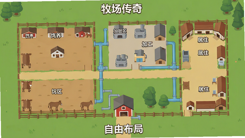 《牧场传奇》的建筑布局界面截图风格插画,主体为俯视视角下的牧场平面图,布局清晰,展示了不同功能区的划分,如饲养区、加工区、居住区。排版规整,风格为扁平化UI设计,细节处可见建筑图标和连接管道,画质清晰,干净,无多余元素,文字“自由布局”位于底部
