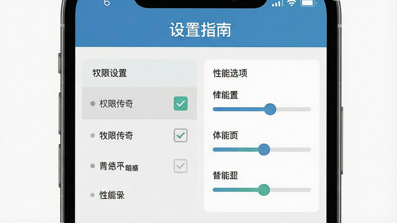 《牧场传奇》新手设置界面示意图,主体为手机屏幕特写,显示权限设置和性能选项,布局清晰,左侧为权限列表,右侧为性能滑块,风格为现代扁平化设计,细节处可见勾选框和进度条,画质高清,干净,无多余元素,文字“设置指南”位于顶部