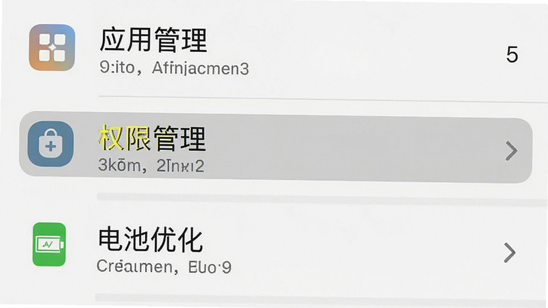 主体为手机设置界面截图,布局为列表式,排版清晰,风格为系统原生风,细节包含“应用管理”、“权限设置”、“电池优化”选项,画质清晰,干净无多余元素,文字“权限管理”高亮显示
