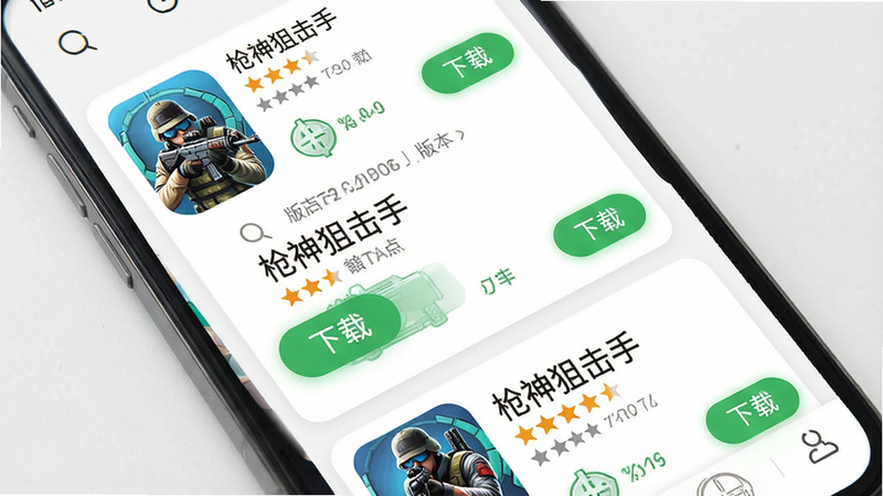主体为手机应用商店界面,布局为卡片式,排版美观,风格为简约现代,细节包含应用图标、评分星级、下载按钮、版本信息,画质高清,干净无多余元素,文字“枪神狙击手”清晰可见
