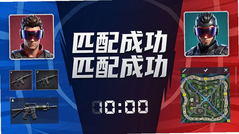 主体为游戏匹配成功界面,布局为左右对称,排版清晰,风格为动感竞技风,细节包含双方玩家头像、武器图标、地图预览、倒计时数字,画质清晰,干净无多余元素,文字“匹配成功”醒目显示