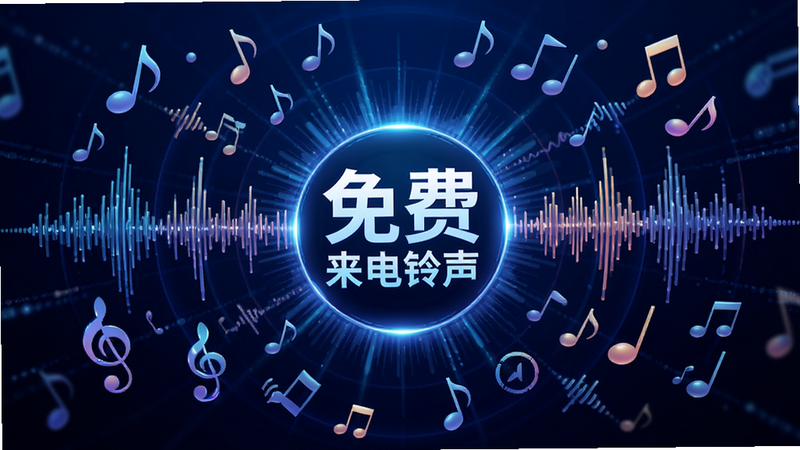 主体为抽象化的音频波形图与音乐音符元素,背景为深蓝色渐变,营造科技感和沉浸感。布局呈放射状,中心为发光的“免费来电铃声”Logo,周围环绕着不同风格的音乐符号。排版紧凑有序,风格为现代数字艺术,细节丰富,光影效果细腻,画质极高,干净无多余元素,体现海量资源汇聚的概念