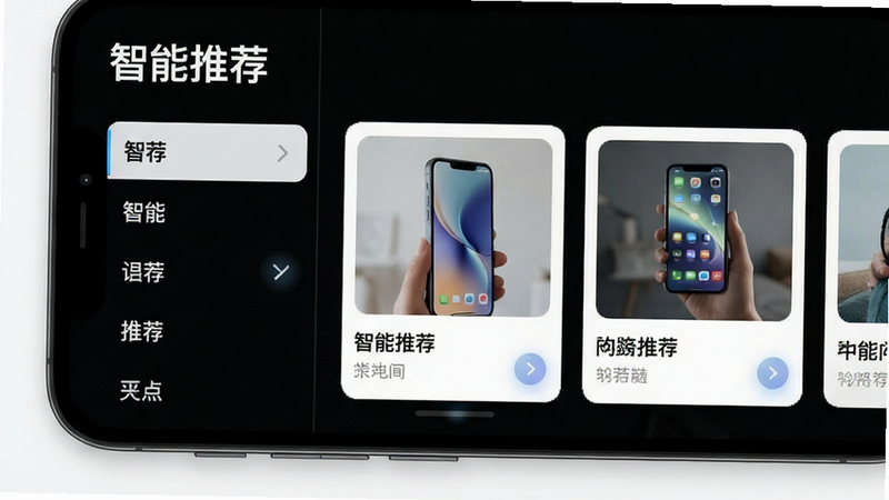 主体为手机界面截图,展示“智能推荐”板块,左侧为竖排分类标签,右侧为横向滑动的推荐卡片。布局采用左右分栏结构,逻辑清晰。排版简洁明了,风格为极简主义UI,细节处有微动效暗示(如箭头图标),画质清晰,干净无多余元素,文字“智能推荐”醒目