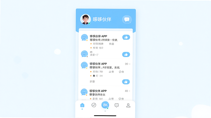 ����Ϊ�߶߻��APP��������Ԥ��ͼ�����ֲ��þ��п�Ƭʽ�ṹ��������ʾ�û�ͷ�����ǳƣ��в�Ϊ��̬��Ϣ�����ײ�Ϊ������������ɫ��Ϊ���µ�ǳ��ɫ���ɫ���䣬����ƽ�����ִ���ϸ�ڴ�������������ͼ������ް�ť�����ʸ���8k���ɾ��޶���Ԫ�أ�����