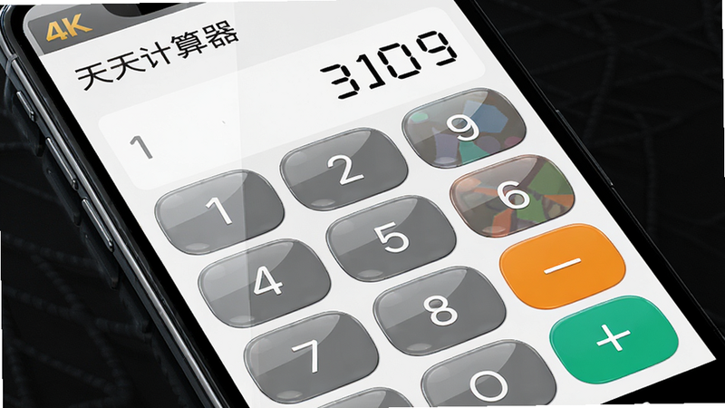 主体为安卓手机正面特写,屏幕显示天天计算器APP界面,布局为标准的九宫格数字键盘,顶部显示计算结果,排版简洁大方,风格为现代扁平化UI设计,细节呈现高清玻璃质感图标,画质4k高清,干净无多余元素,文字显示