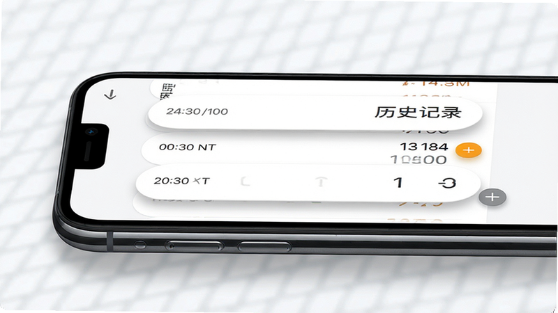 主体为手机侧边视角,屏幕显示计算器历史列表界面,布局为垂直滚动列表,每条记录包含时间戳与结果,排版整齐划一,风格为简约商务风,细节展示列表项的悬浮阴影与点击态效果,画质清晰,干净无干扰,文字显示