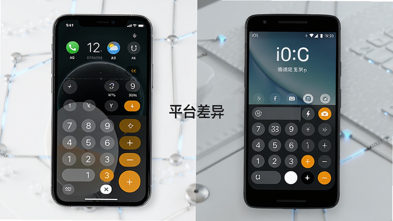 主体为iOS手机与安卓手机并排展示,安卓手机显示计算器界面,iOS手机显示系统计算器,布局对比鲜明,排版突出平台差异,风格为科技产品对比图,细节展示屏幕内容差异,画质高清,干净无杂乱,文字显示